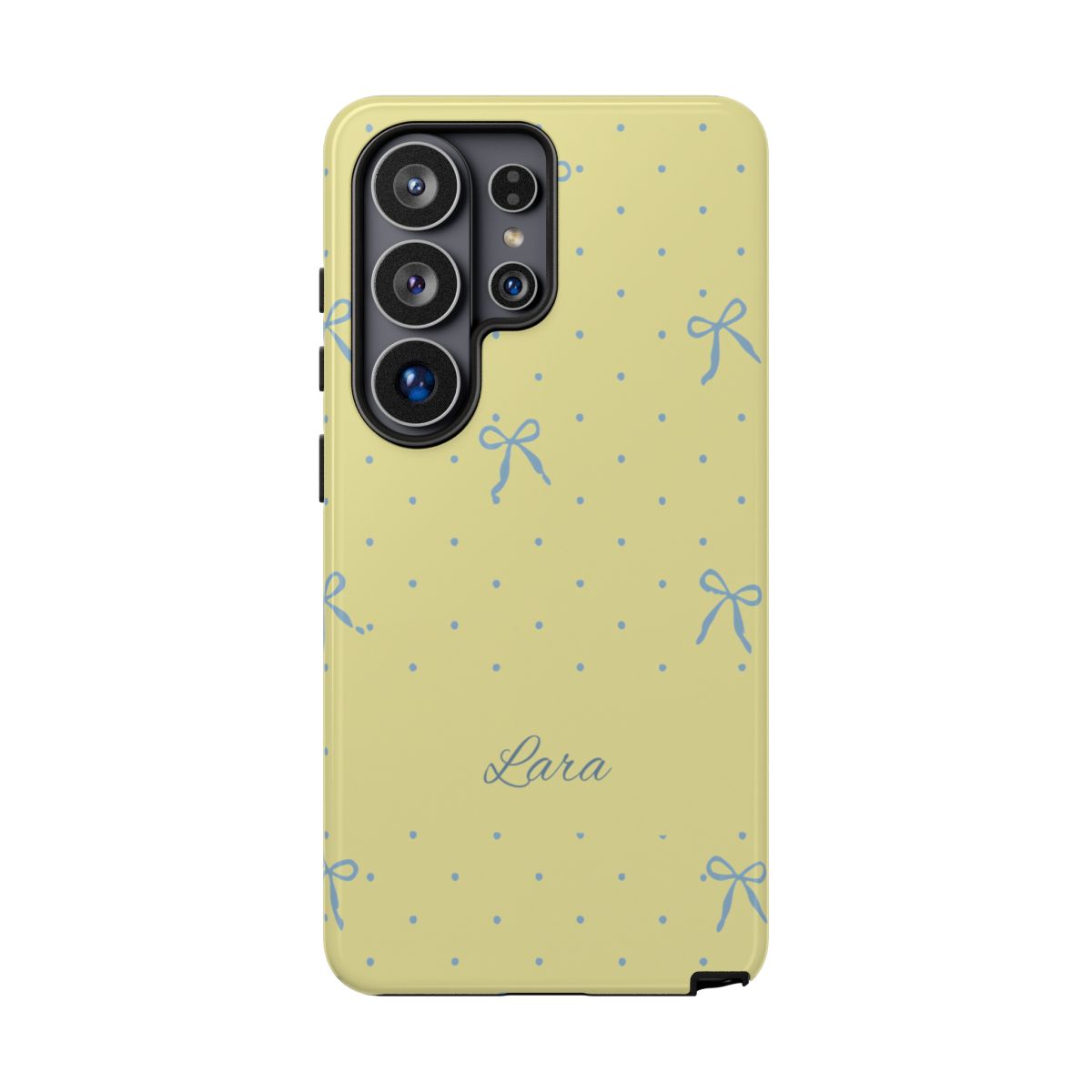 Personalized Yellow Bow Phone Case – Custom Name Blue Polka Dot Aesthetic