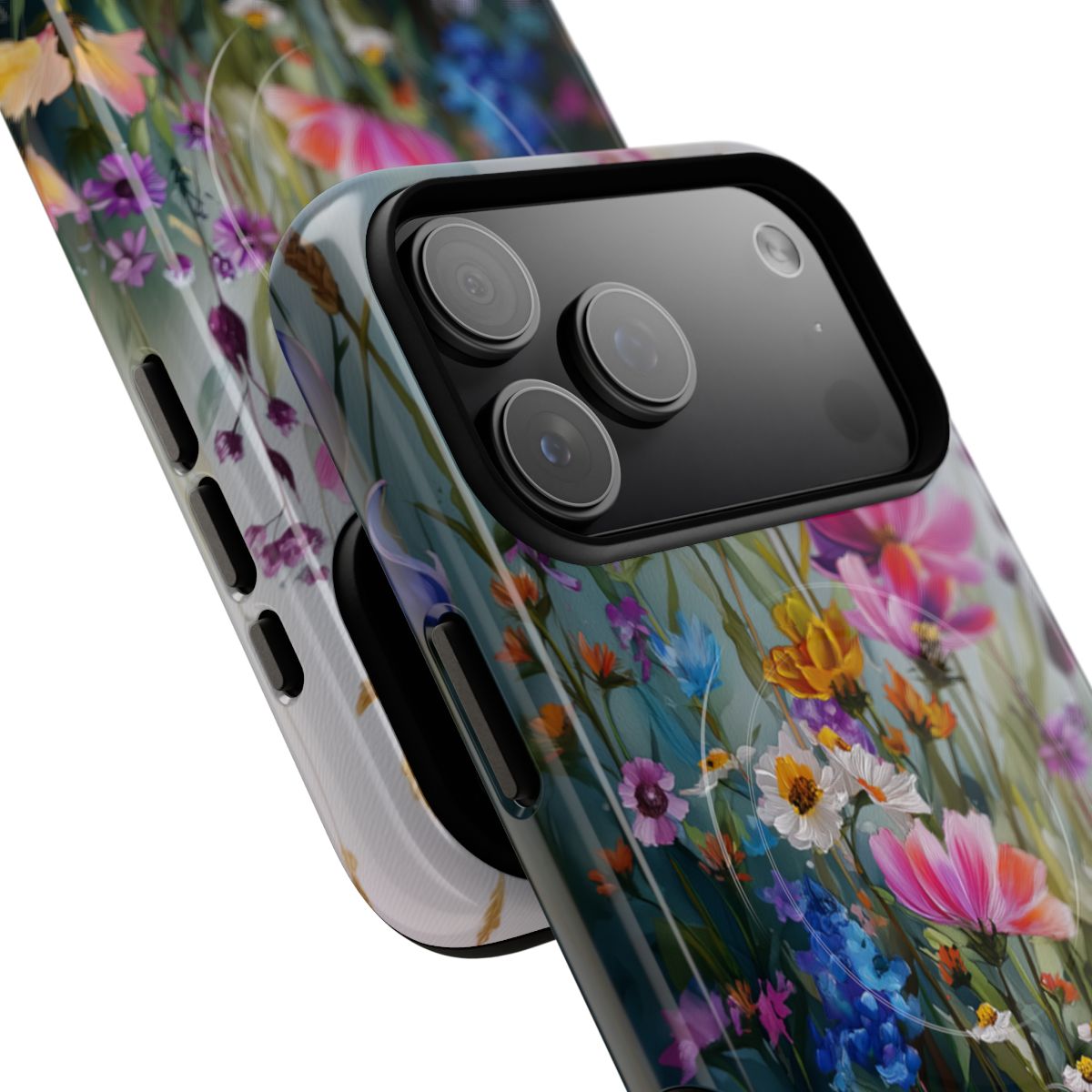 Aesthetic nature-inspired phone case with a whimsical summer meadow design and protective black camera bezel