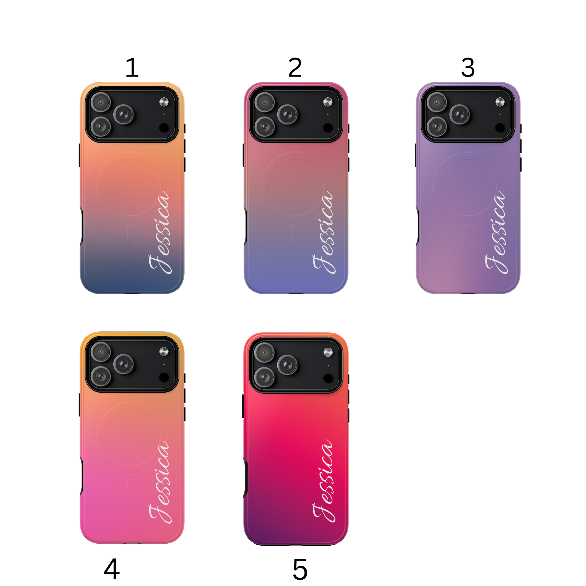 Five gradient phone cases with the name 'Jessica' on a white background