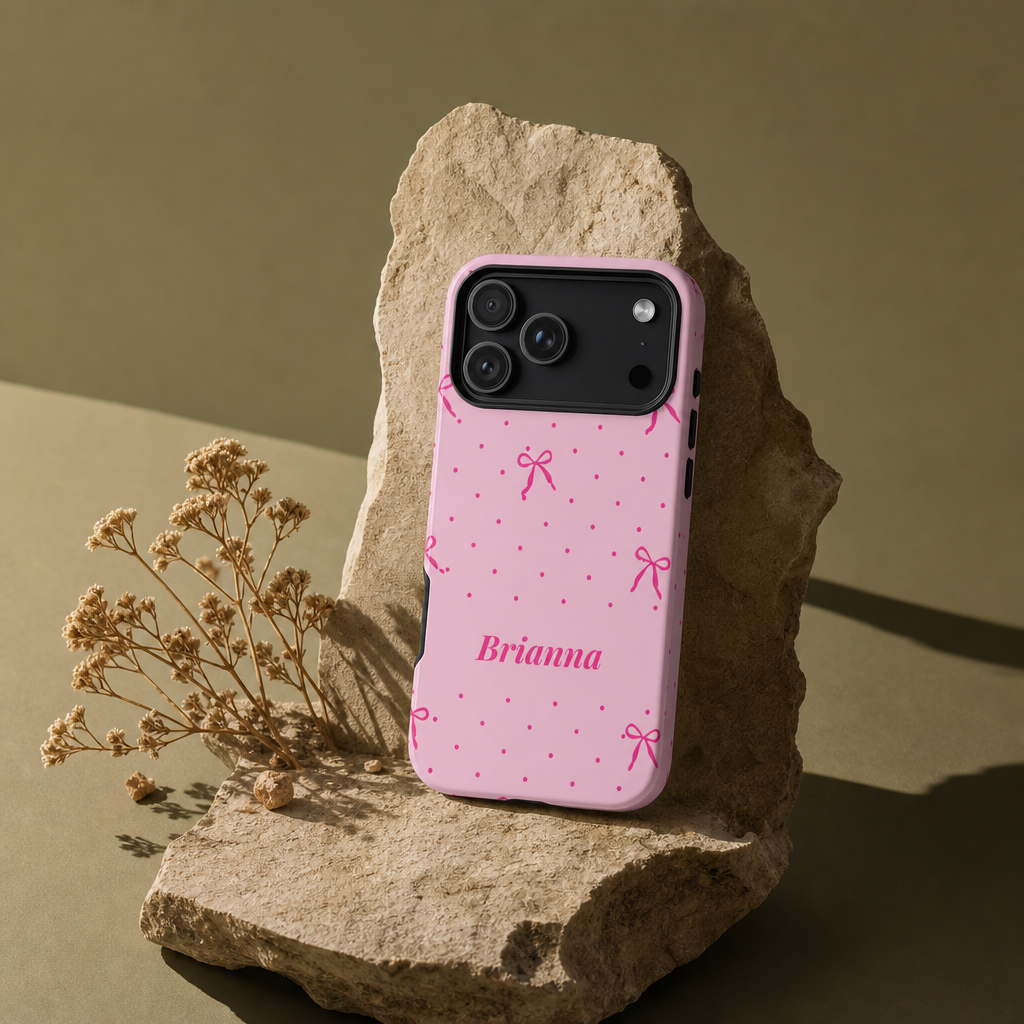Personalized Pink Bow Phone Case – Custom Name Polka Dot Coquette Aesthetic