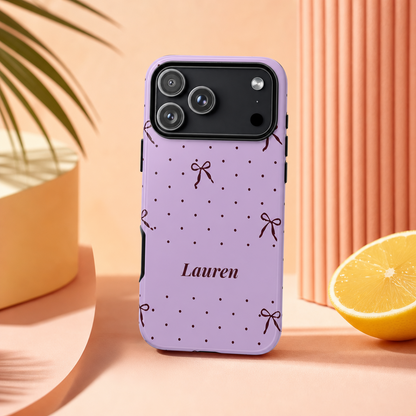 Personalized Lavender Bow Phone Case – Custom Name Polka Dot Coquette Aesthetic