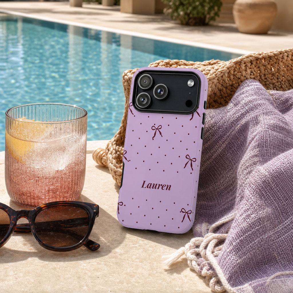 Personalized Lavender Bow Phone Case – Custom Name Polka Dot Coquette Aesthetic