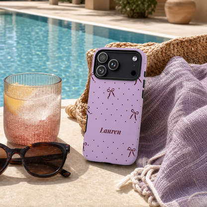 Personalized Lavender Bow Phone Case – Custom Name Polka Dot Coquette Aesthetic