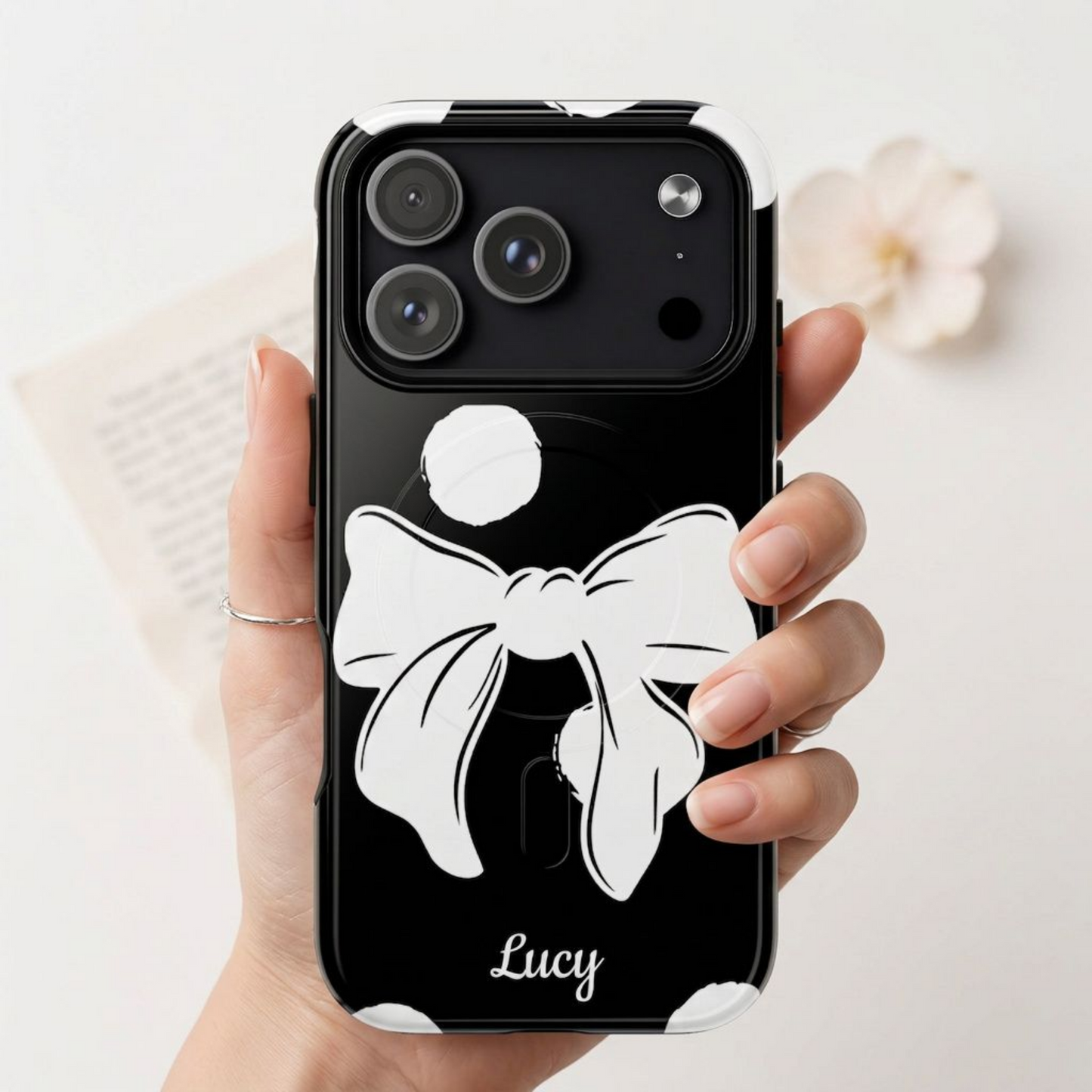 Personalized black polka dot bow phone case with custom name – bold coquette retro aesthetic gift for her