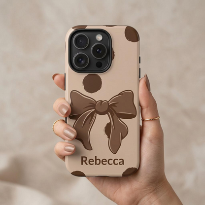 Custom name brown polka dot bow phone case – cute vintage coquette gift for teen girls