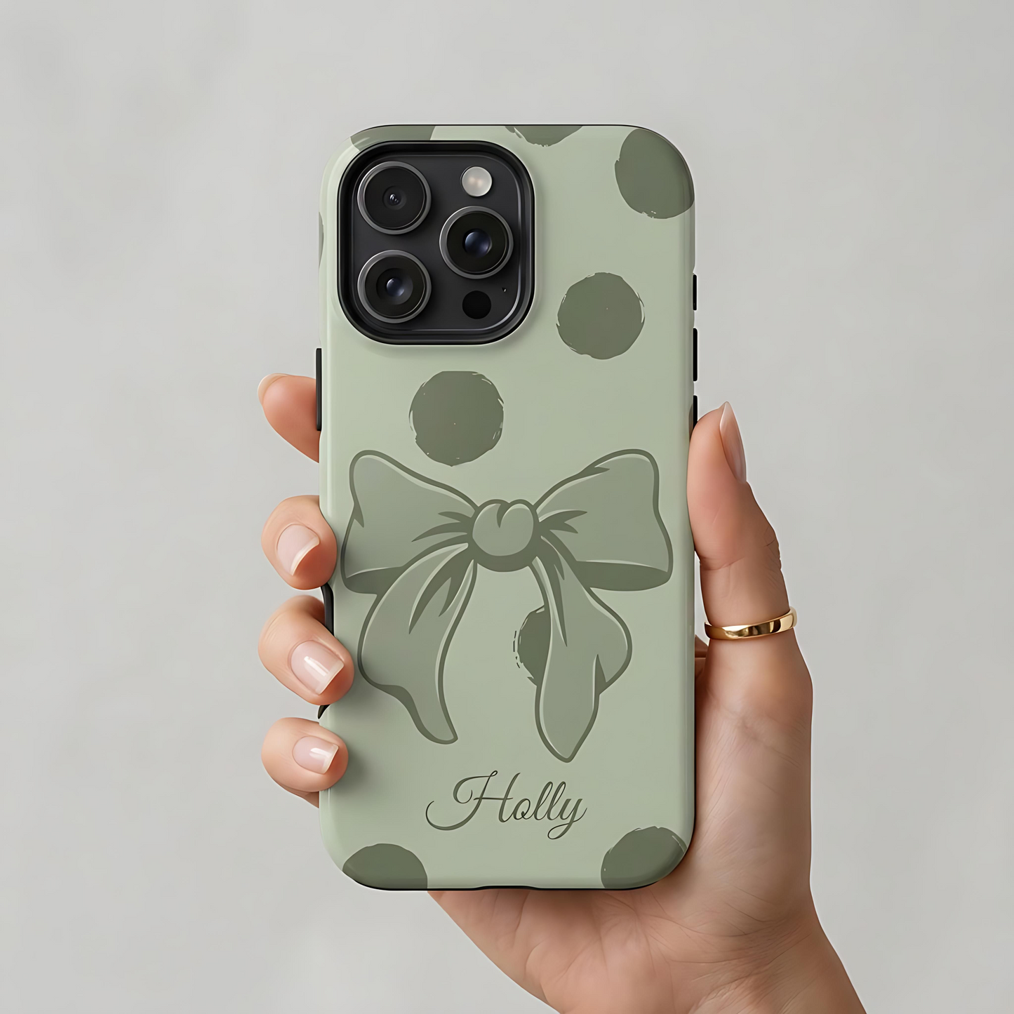 sage green bow on polka dot personalized phone case – earthy coquette feminine design
