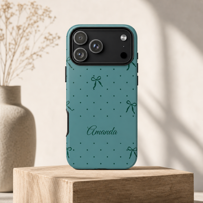 Personalized Teal Bow Phone Case – Custom Name Coquette Polka Dot Aesthetic