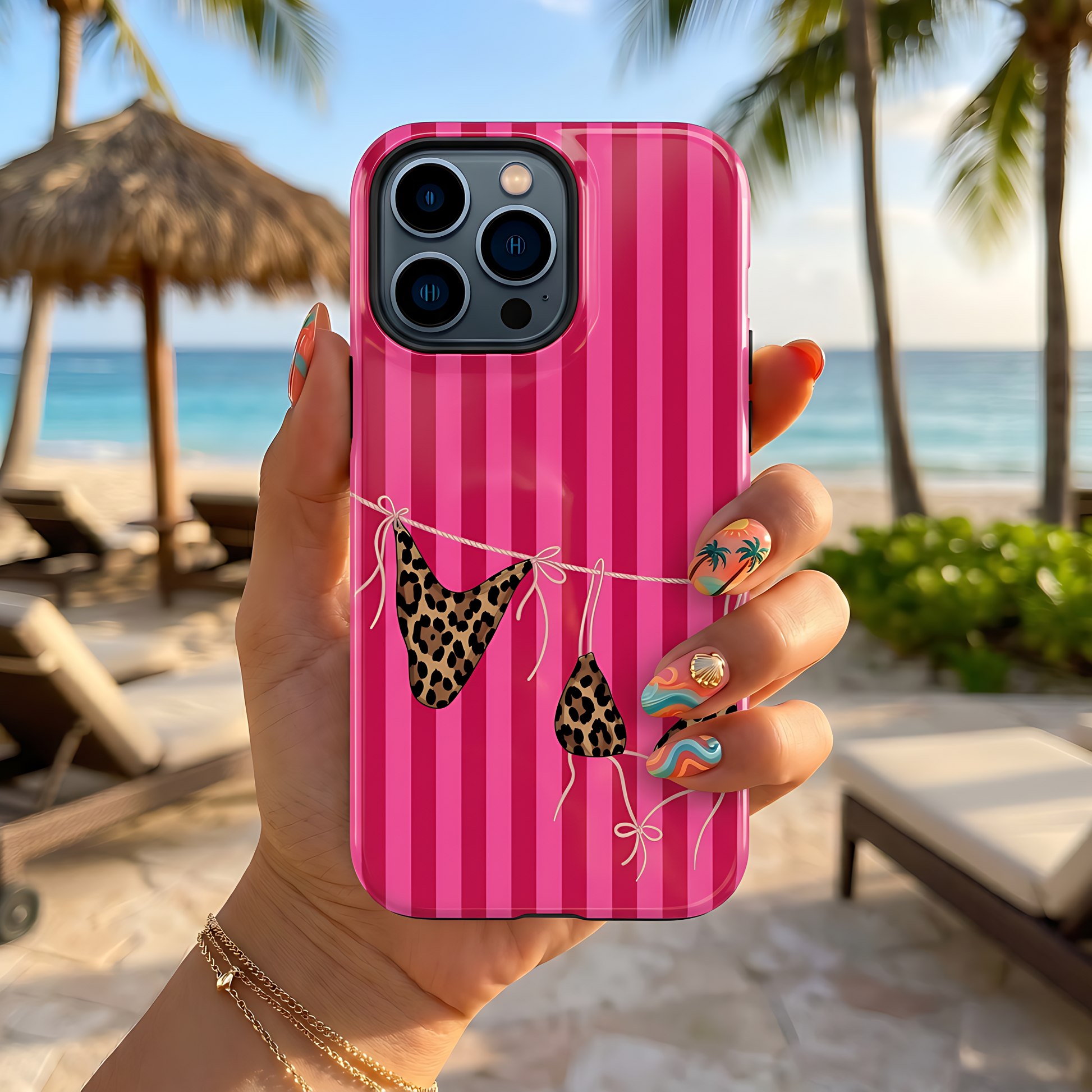 Phone case with leopard print bikini design held by a hand on a beach.