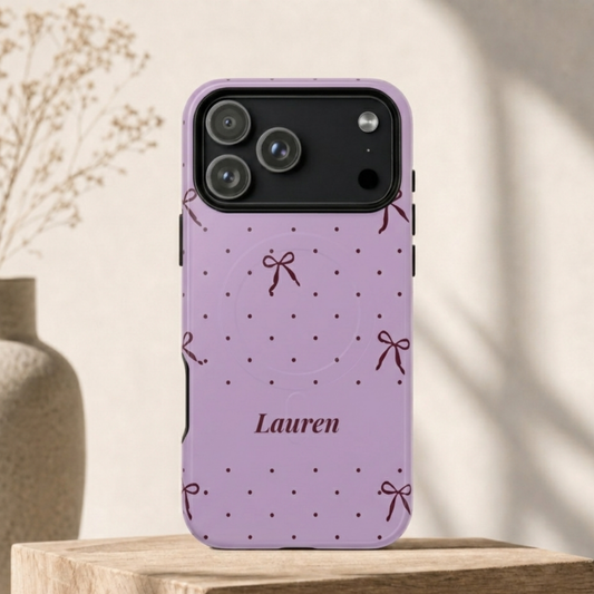 Personalized Lavender Bow Phone Case – Custom Name Polka Dot Coquette Aesthetic