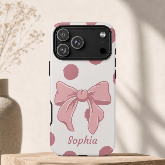 Personalized Pink Polka Dot Bow Phone Case – Custom Name Coquette Aesthetic