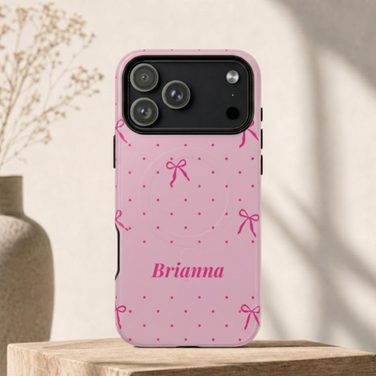 Personalized Pink Bow Phone Case – Custom Name Polka Dot Coquette Aesthetic