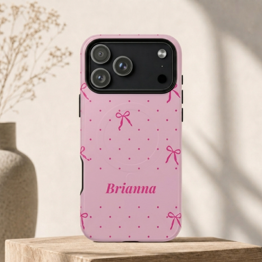 Personalized Pink Bow Phone Case – Custom Name Polka Dot Coquette Aesthetic