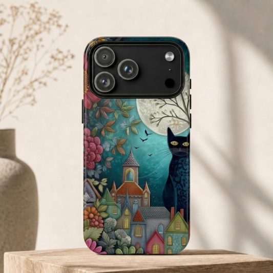 Enchanted Village Cat & Moon Phone Case - Whimsical Folk Art