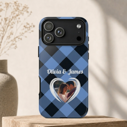 Personalized Blue Plaid Phone Case - Custom Photo & Name