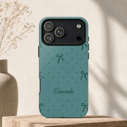 Personalized Teal Bow Phone Case – Custom Name Coquette Polka Dot Aesthetic