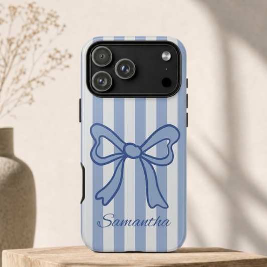 Personalized Coquette Bow Phone Case – Blue Striped Preppy Ribbon Aesthetic