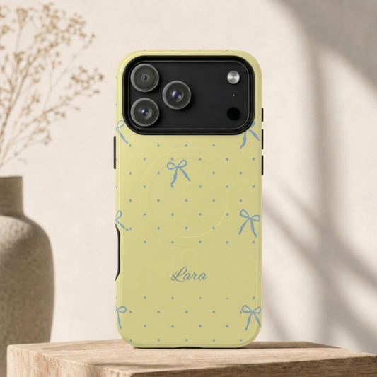 Personalized Yellow Bow Phone Case – Custom Name Blue Polka Dot Aesthetic