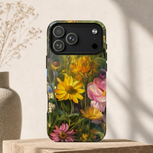 Flower Field Meadow Phone Case - Golden Sunflower & Pink Rose Art
