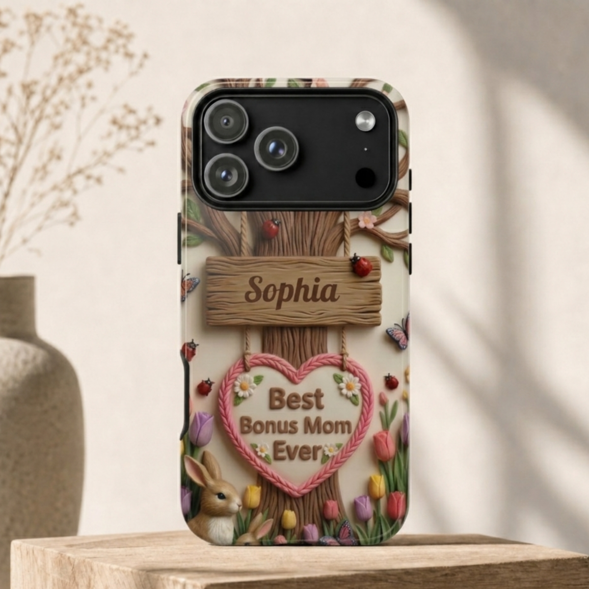 Personalized Bonus Mom Phone Case – Custom Name Clay Spring Garden Aesthetic