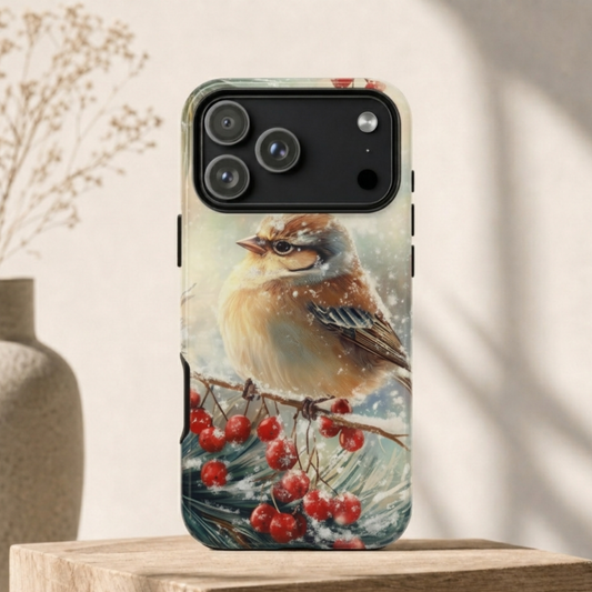 Frosty Winter Bird Phone Case - Cute Sparrow & Red Berries