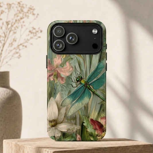 Dragonfly Phone Case - Vintage Sage Green Floral & Botanical