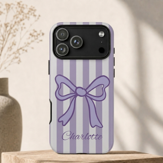Personalized Lavender Bow Phone Case – Purple Striped Coquette Ribbon Aesthetic