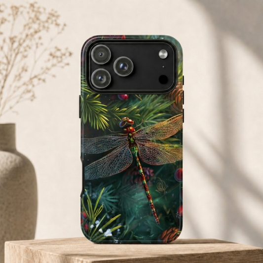Winter Dragonfly Phone Case - Emerald Green & Red Berry Art
