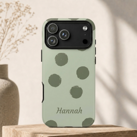 Personalized Sage Green Polka Dot Phone Case – Custom Name Matcha Aesthetic