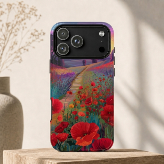 Dreamy Poppy Sunset Phone Case - Vibrant Meadow Path Landscape Art