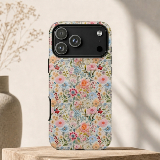 Blossom Meadow Phone Case – Vintage Embroidery Floral Aesthetic