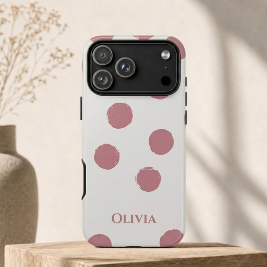 Personalized Pink Polka Dot Phone Case – Custom Name White Blush Aesthetic