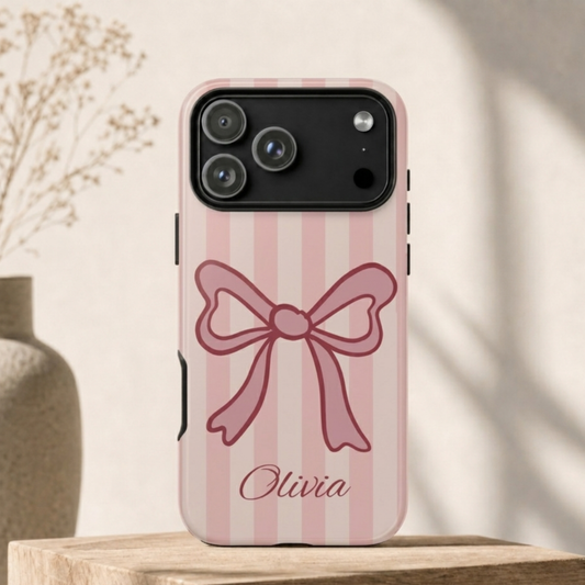 Personalized Pink Bow Phone Case – Soft Pastel Striped Coquette Aesthetic