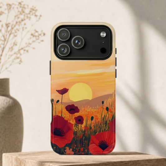Golden Hour Poppies Phone Case - Minimalist Sunset Flower Meadow