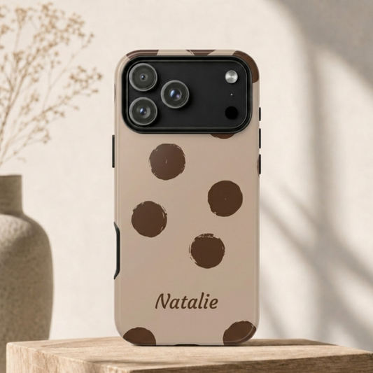 Personalized Brown Polka Dot Phone Case – Custom Name Neutral Boho Aesthetic