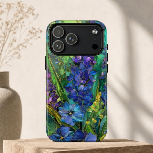 Lavender Garden Stained Glass Phone Case - Blue & Purple Floral Art