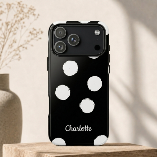 Personalized Black Polka Dot Phone Case – Custom Name Bold Monochrome Aesthetic