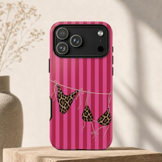 Leopard Bikini Striped Phone Case – Trendy Summer Beach Aesthetic