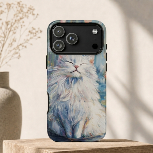 Impressionist White Cat Phone Case - Oil Paint Style Fluffy Cat