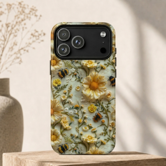 Daisy Bumblebee Phone Case – Yellow Embroidery Floral Aesthetic
