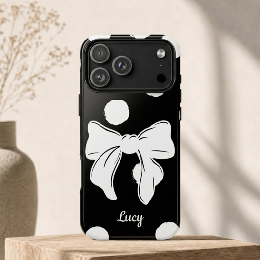 Personalized Black Polka Dot Bow Phone Case – Custom Name Coquette Retro Aesthetic