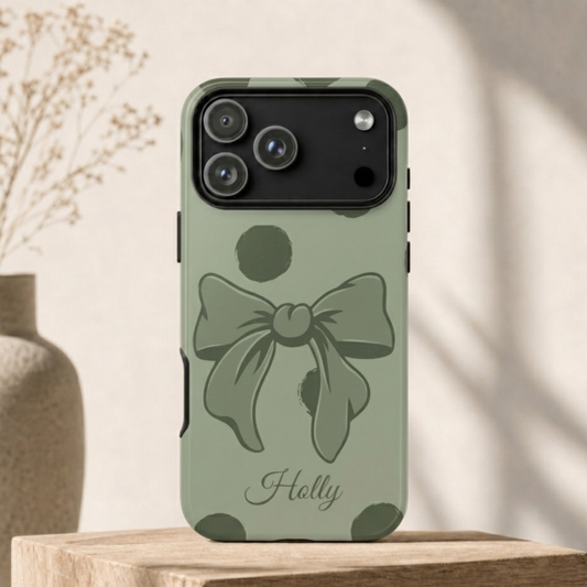 Personalized Sage Green Polka Dot Bow Phone Case – Custom Name Coquette Aesthetic