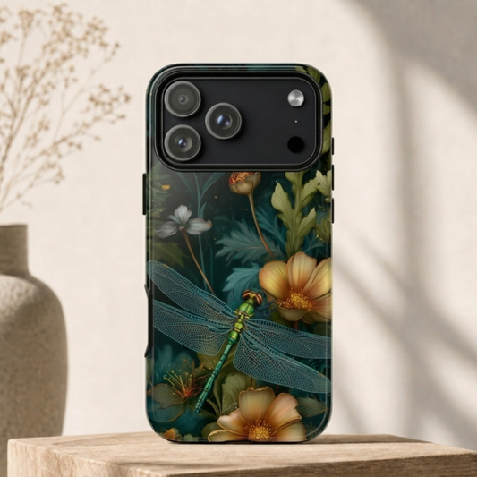 Enchanted Dragonfly Phone Case - Forest Green & Gold Floral