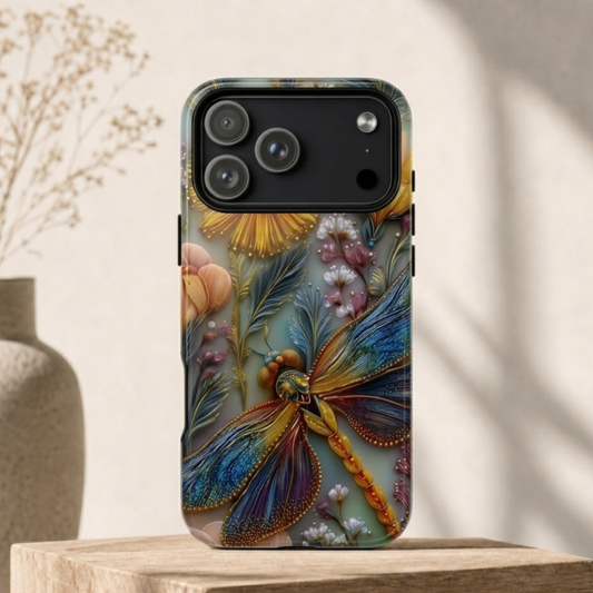Golden Azure Dragonfly Phone Case - Ornate 3D Jewel Tone Floral Art