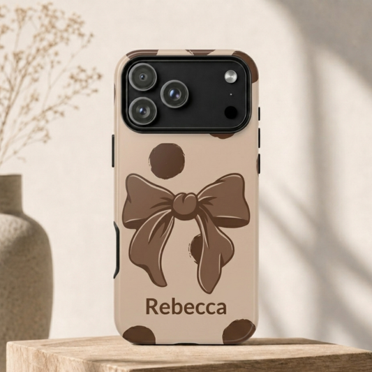 Personalized Brown Polka Dot Bow Phone Case – Custom Name Coquette Retro Aesthetic