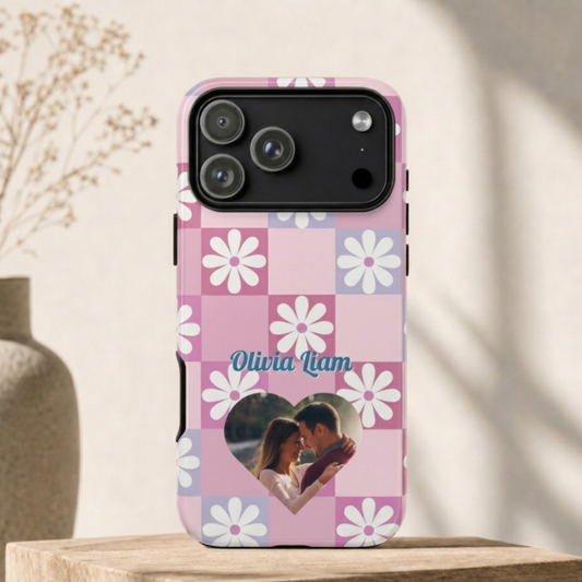 Personalized Pink Floral Checkered Phone Case - Custom Name and Photo
