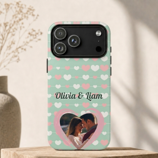 Personalized Mint Green Heart Phone Case - Custom Name and Photo