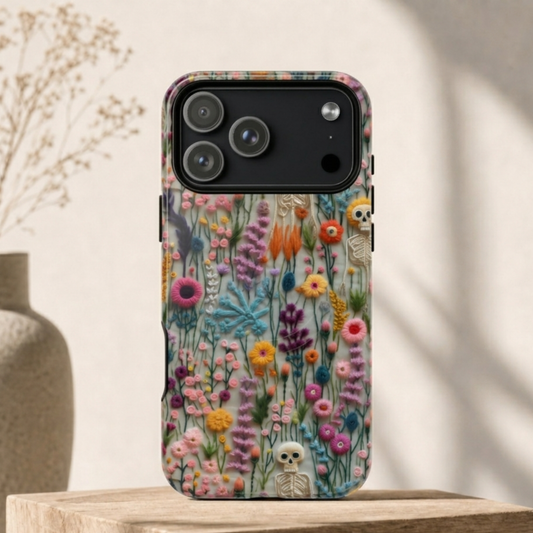 Embroidered Skeleton Flower Phone Case - Gothic Floral Art