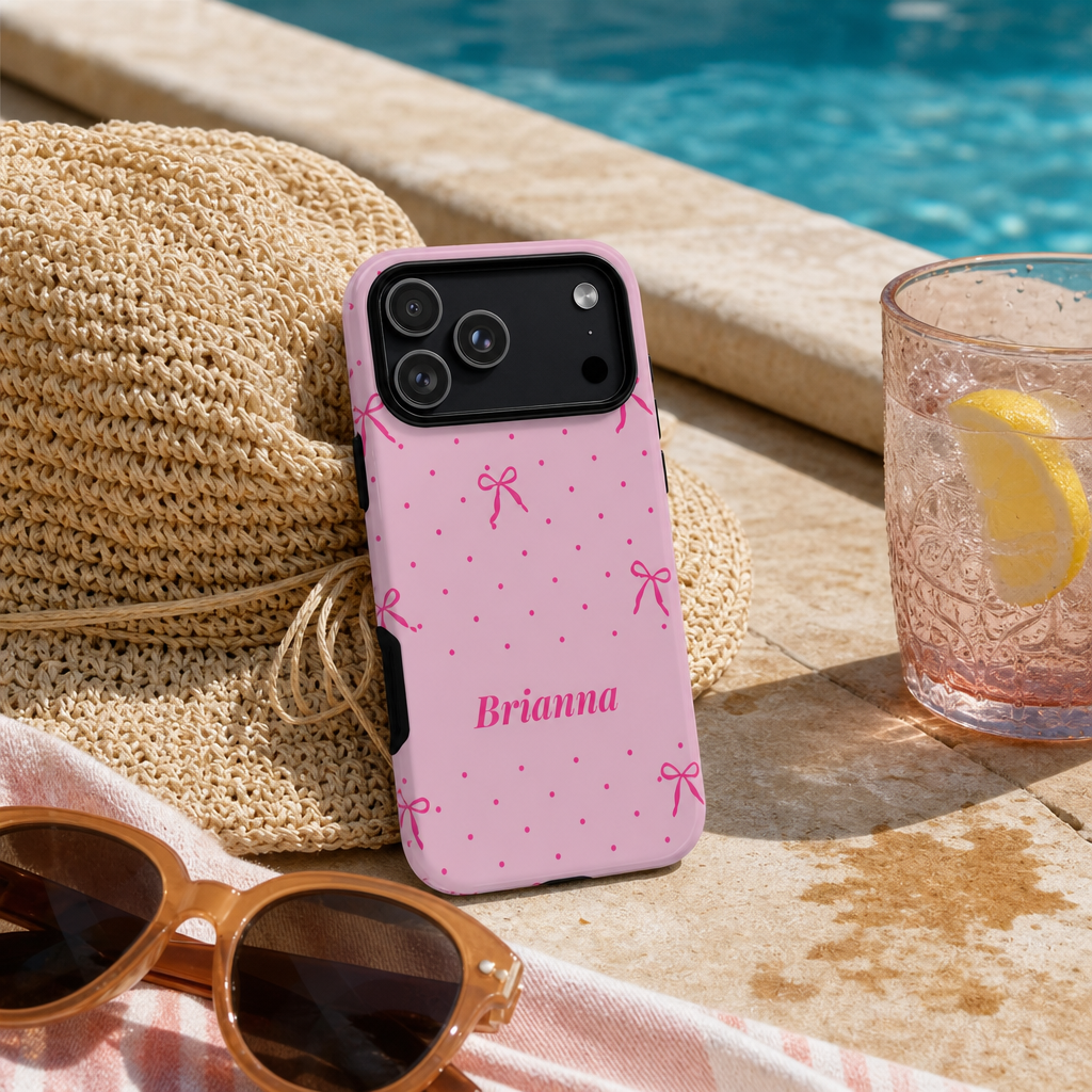 A pink phone case with a polka dot pattern and bow motifs, personalized with the name 'Brianna' in script. The case is styled on a poolside patio next to a straw hat, sunglasses, and a glass of lemonade.
