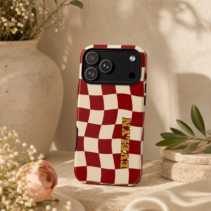 Personalized Burgundy Checkered Phone Case – Custom Name Wavy Retro Aesthetic
