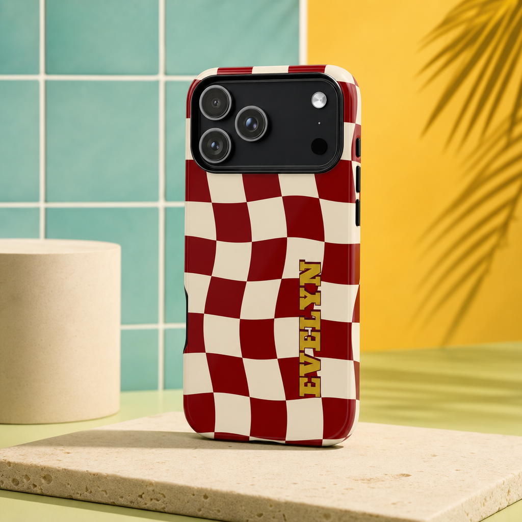 Personalized Burgundy Checkered Phone Case – Custom Name Wavy Retro Aesthetic